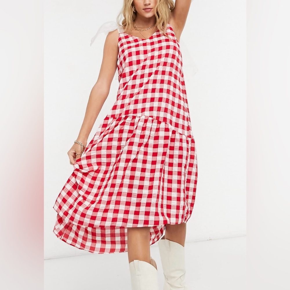 Topshop Red and White Gingham Midi Dress. New Without Tags